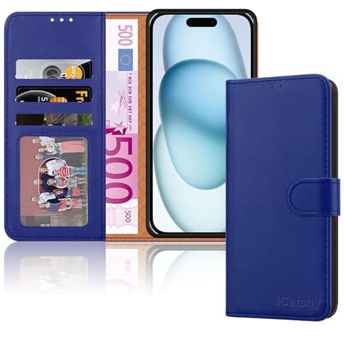 iCatchy for iPhone 15 Case 6.1 Inch, PU Leather Wallet Flip Case with Card Slots, RFID Blocking, Magnetic Closure, Stand, Full Body Protective Folio Cover (Blue) — view 5