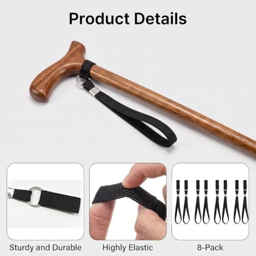 8Pcs Walking Stick Wrist Strap - Elastic Walking Stick Accessories, Black — view 4