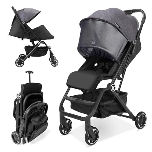Rollingsurfer Lightweight Baby Stroller for Airplane, Compact Travel Pushchair with Retractable Foot Cover & Reclining Backrest, One Hand Fold Stroller