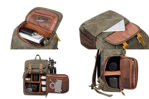 YuanWen DSLR Camera Canvas Backpack Large Capacity Front Open Waterproof Anti-shock SLR/DSLR Camera Rucksack Camera Travel Bag Professional Camera Bag Green — view 4