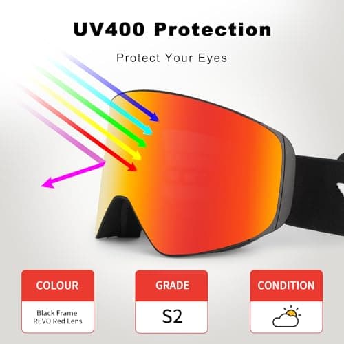 Vgooar OTG Ski Goggles with Magnetic Detachable Lens, Frameless Cylindrical Lens Ski Goggles - Anti-Fog and UV400 Protection Skiing Goggles for Men and Women(Red) — view 4