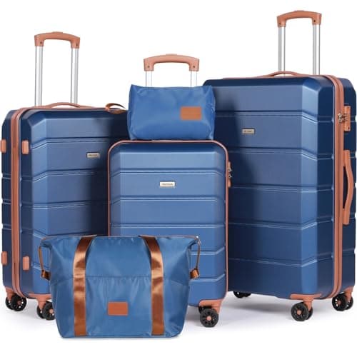 H.yeed Luggage Sets of 5 Piece, Lightweight Trolley Travel Suitcase Set ABS Hard Shell with 4 Spinner Wheels TSA Lock for Man Women, 21" + 24" + 28"+ Duffels Bag & Toiletry Bag (Blue, 5 Piece Set)