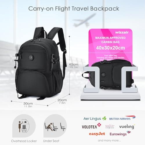 SPAHER for Ryanair Cabin Bags 40x30x20 Underseat Foldable Travel Cabin Backpack Carry on Hand Luggage Waterproof Small Hiking School Camping Backpack 25L for Men Women, Black — view 2