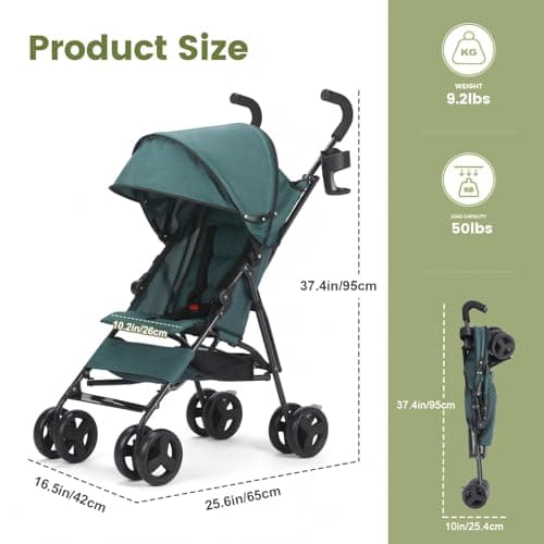 Baby Stroller,Travel Umbrella Stroller with Foldable Pushchair with Adjustable Canopy, Folding Infant Pram Stroller with Storage Basket,Cup Holder,Suspension Wheels for Infants 3-36M(Dark Green) — view 4