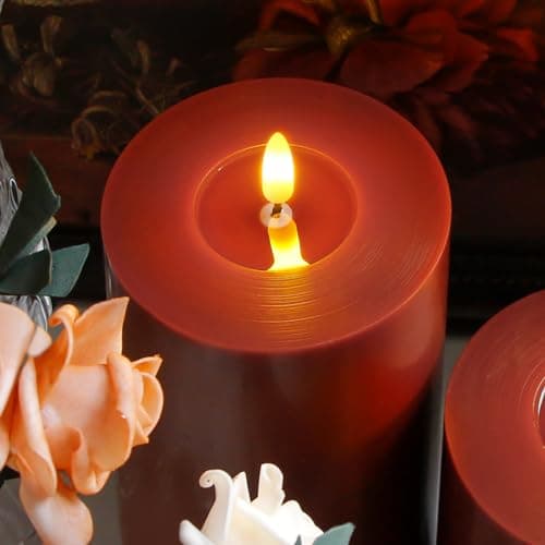 Zevanor Flameless Flickering 10cm x20cm Real Wax Burgundy Remote LED Candles with Candle Grease, Pack of 2 Timer Battery Operated Fake Warm Light Pillar for Home, Banquet, Ceremony Decoration — view 3