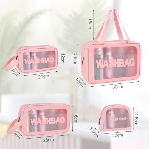 Aucuu 4PCS Clear Toiletry Bag, Wash Bag, Clear PU Makeup Bag, Waterproof Toiletry Travel Bag with Zipper Handle, Portable Airport Cosmetic Bag for Travel Bathroom Men Women (Pink) — view 2
