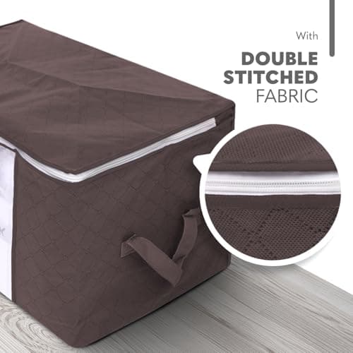 Delka 90L Storage Bags with Lids, Large Storage Boxes with lids, Storage Unit for Clothes, Duvets, Blankets, Toys, Pack of 3 Foldable Organizers with Reinforced Handles and Clear Window (Brown) — view 3