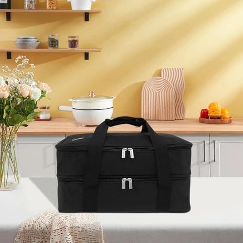 Foppla Insulated Double Casserole Carrier Expandable Thermal Tote Bag Lightweight Thermal Tote with Handles Leakproof Snack Tote Bag Wide Opening Thermal Food Carrier for Work Travels Outdoor(black) — view 6