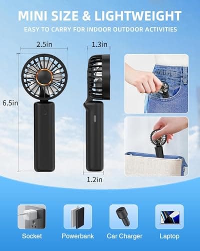 2 Pack Portable Handheld Fan, Mini Desk Fan Foldable 1800mAh, 180° Ratotion, 3 Speeds, Ultra Quite, Up to 8H Long Use Time, Small Personal Cooling Fans Makeup Lash Fan for Women Girls, Dark Black Blue — view 6