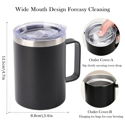 YueXing 16oz Black Insulated Coffee Mug with Handle, Leakproof Double Wall Stainless Steel Travel Mug with Sliding & Straw Lid, Dishwasher Safe for Camping Commuting Hot Cold Drinks (Black) — view 2