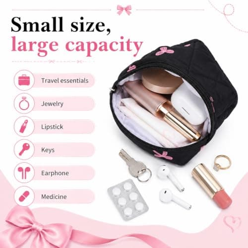 Portable Sanitary Bags for Teen Girls, Quilted Sanitary Napkin Storage Bag Cute Bow Period Pouch for Pads Reusable Period Bags with Zipper Sanitarys Napkin Storage Pouch First Gift for Women(Black) — view 4