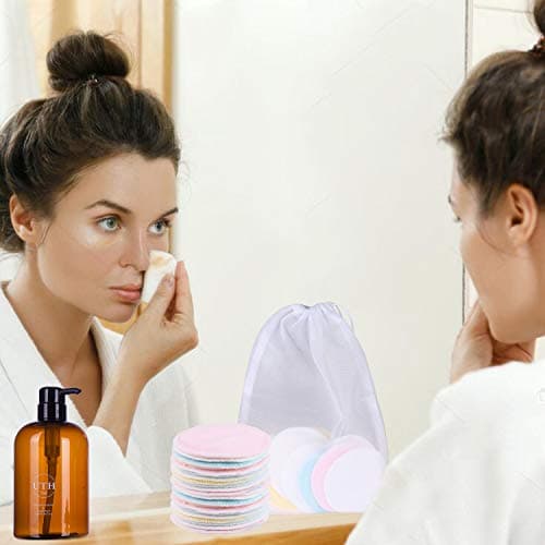Reusable Makeup Remover Pads| Bamboo Fiber Organic Cotton Pads Face| Cotton Rounds Eyes Make Up Remover Pads Zero Waste Washable| for All Skin Types | 1 Laundry Bag+1 Storage Bag| 16 Pcs — view 5