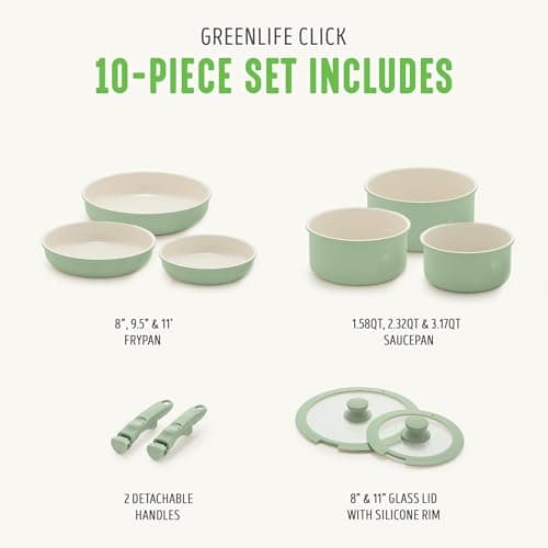 GreenLife 10 Piece Nonstick Pots & Pans Set, Detachable Handle & Stackable Cookware Set, Non Toxic PFAS-Free Skillets, Induction Kitchen Pans, Space Saving, Serving Bowls, Oven Safe, Sage Green — view 3