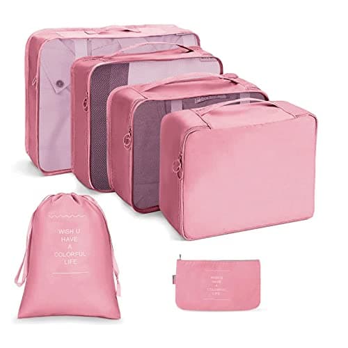 OSDUE Packing Cubes for Suitcases, 6 PCS Travel Luggage Packing Organizers Waterproof Travel Essentials Bag Accessories, Clothes Cosmetics Toiletries Storage Bags, Pink