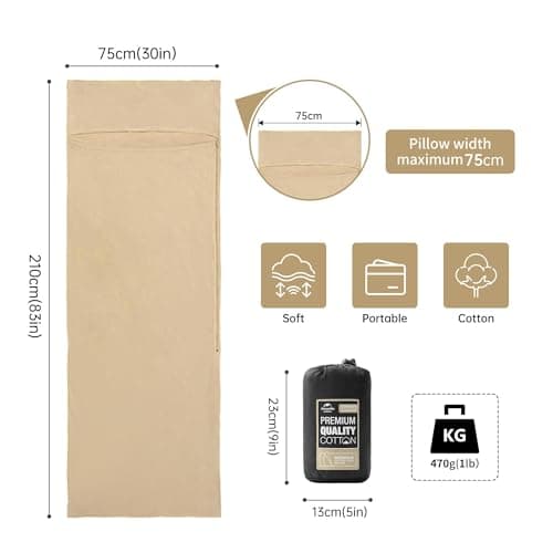 Naturehike Cotton Sleeping Bag Liner 210 x 75 cm, Cotton Travel Sheet Camping Sleep Bag Liner with Pillow Slot, Portable Lightweight Backpacking Essentials for Camping Hostels Picnic Hiking (Cream) — view 2