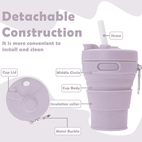 MORAINJAY Collapsible Coffee Cup with Lids,15oz/450ml Purple Silicone Portable Reusable Coffee Mug,Foldable Camping Travel Cup Fits in Your Pocket(Collapses to 6cm) — view 3
