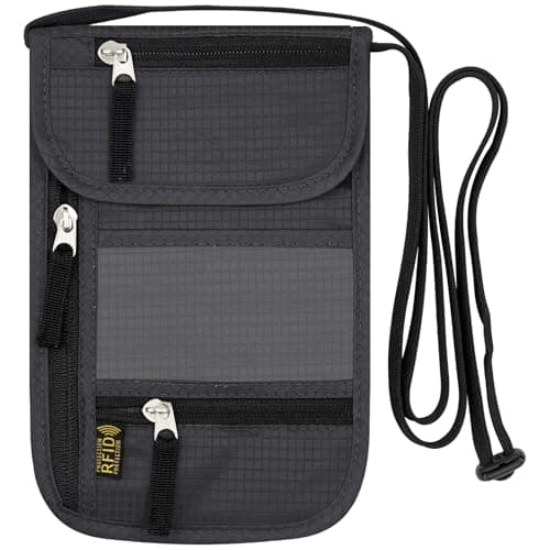 sundee Travel Neck Wallet with RFID Blocking for Men and Women, Passport Holder and Neck Pouch with Adjustable Lanyard Strap, Slim Wallet with Zipper Pockets to Keep Cash Cards Phone Safe -Dark Gray