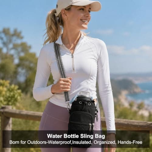 Deposhion Water Bottle Carrier Bag Crossbody Phone Pocket for Women 40oz (Black) — view 2