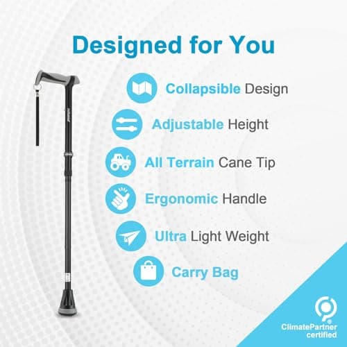 Rehand All Terrain Folding Walking Stick, Walking Sticks for Women & Men, Pivot Tip and Heavy Duty Mobility Aid, Adjustable Walking Stick for Elderly & Ladies, Black — view 2