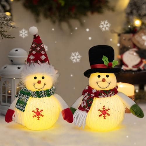 Christmas Decoration with LED Light, Pack of 2 Christmas Snowman Figures Christmas Table Decoration Battery Operated Christmas Decoration Figure for Christmas Decoration Indoor Fireplace Office Room