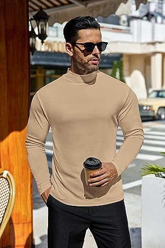 Ekouaer Men's Mock Turtleneck Shirts Long Sleeve Basic Turtle Neck Undershirt Lightweight Thermal Top Khaki L — view 3