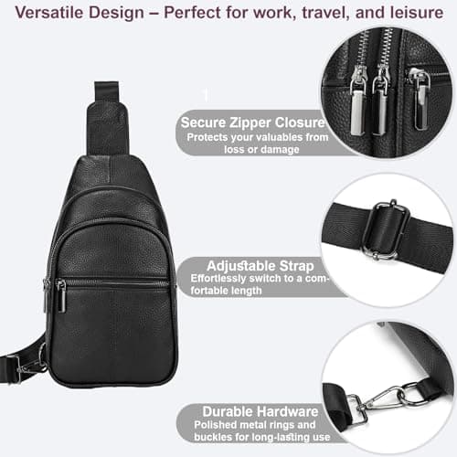 Yevabo Genuine Leather Men's Chest Bag Sling Crossbody Backpack - Anti-Scratch Multi-Pocket Adjustable Strap for Travel Hiking Commuting Daily Use, Black — view 4