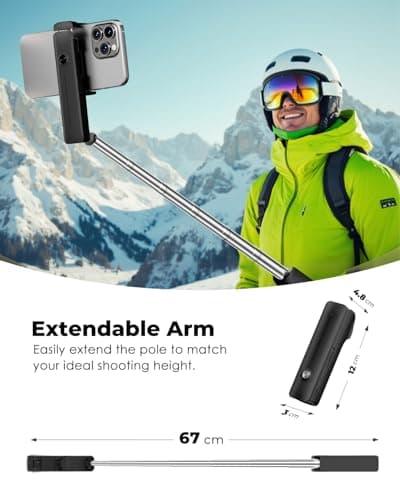 Viozon Selfie Stick, Compatible with 4-7" Phone, Phone Holder, Wireless Remote Control Button, Ergonomic Handle, Extendable up to 67cm, 3x4.8x12cm Mini Size, 110g Lightweight, Travel, Filming, Black — view 4