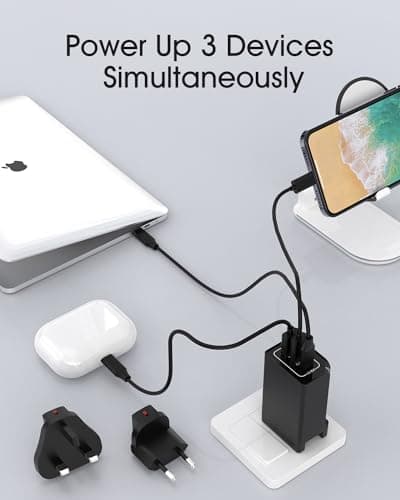 65W USB C Plug, Elexlinco GaN II Fast Charger, 3-Port USB C Charger Plug with UK, US, EU Travel Adapter, Compatible with MacBook Pro/Air, HP Laptops, iPad, iPhone 15/Pro/Max, Galaxy S24/S23 and More — view 3