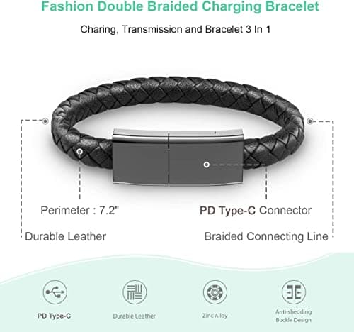 SAMERIO Type C to IOS Short Charging Cable 20cm Fast Portable Bracelet Charger Leather Braided Wrist Data Transfer Cord Perfect Christmas Birthday/Valentine's Day Gift — view 2