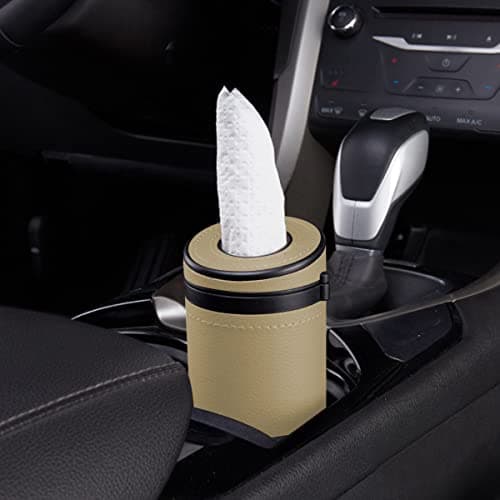Moioee Car Tissue Holder, Cylinder Tissue Box with Window Breaker, PU Leather Round Tissues Container for Auto Cup Holder, Travel Facial Tissues Organizer for All Vehicles (Beige) — view 6