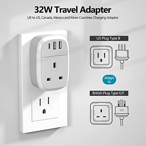 UK to US Plug Adaptor, USA Travel Adapter 32W USB C Fast Charger for American, Canada, 4 in 1 Cyzbim USBC Adapter for Phone Pad Android Samsung, Type C Plug for Thailand Mexico Colombia (Type B) — view 4