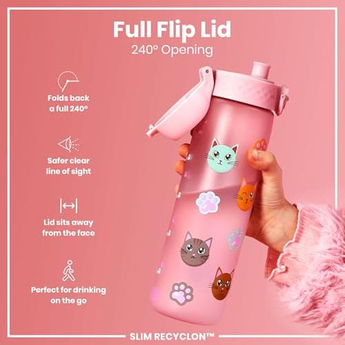 Ion8 Water Bottle, 500ml/18oz, Slim Leak Proof & BPA-Free Drinking Bottle, Secure Lock Prevents Spills, Dishwasher Safe, Carry Handle, Ideal for Adults & Kids - Travel, Gym & School, Cats — view 4
