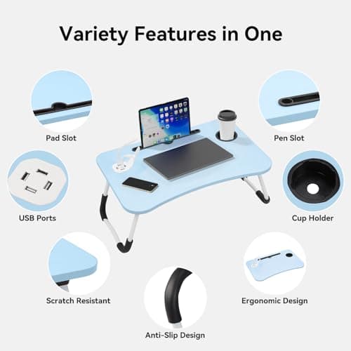 Foldable Laptop Table with USB Ports, Drawer, Cup Holder&Tablet Slot, Blue — view 3