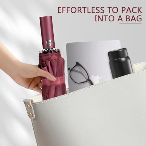 Lychico Windproof Travel Umbrella - Compact, Automatic Folding, 12 Ribs, Wind Resistant for Rain, Portable, Single Hand Use, Small, Light, Strong Backpack Protection, Red — view 6