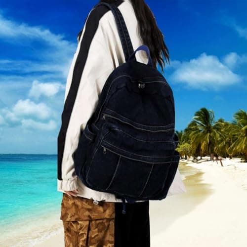 GAMLFL Canvas Backpack for Women Retro Aesthetic Rucksack Basic Backpack for High School/College Students Travel Laptop Bag, Dark Denim, 5.6 x 13.3 x 16.2 inches, Travel Backpacks — view 3