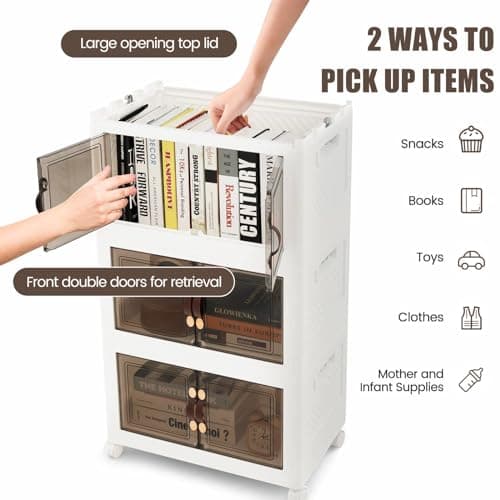 Multigot Folding Shoe Storage Box, 3/4/5 Tier Stackable Shoe Organizer Containers with Lid & Doors and Lockable Wheels, Collapsible Plastic Storage Bins Cabinet (44 x 31 x 77cm, 3-Tier) — view 4