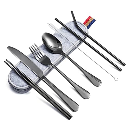 Travel Cutlery Set, 8 Piece Travel & Picnic Utensils for 1 Person, Dishwasher Safe, Includes Knife, Fork, Spoon, Utensil Stick, Cleaning Brush, Straw with Carrying Bag, UV Resistant (Black)