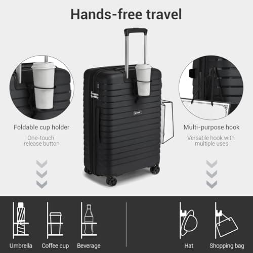 Kono 20 Inch Expandable Cabin Suitcase with Cup Holder & Side Hook, Lightweight PP Hard Shell Carry On Luggage for Short Trips, Airline Approved Small Travel Case (Black) — view 5