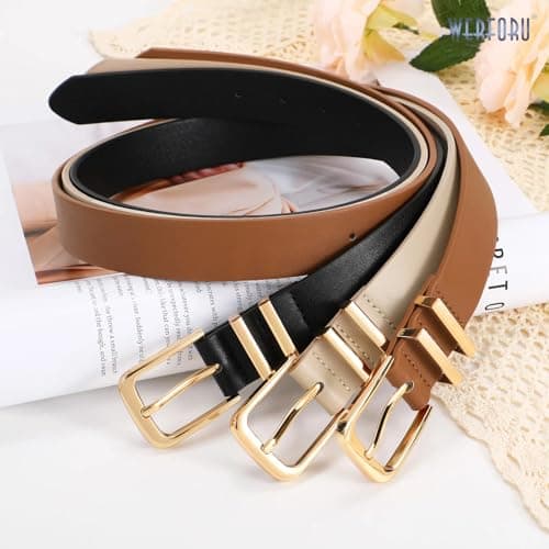 WERFORU 3 Pack Women's Leather Belts for Jeans Dresses Fashion Ladies Gold Buckle Leather Belts, Black/Brown/Beige — view 5