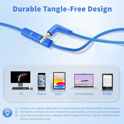 Headphones Wired with Microphone, 3.5mm Corded Headphones for School, Blue — view 5