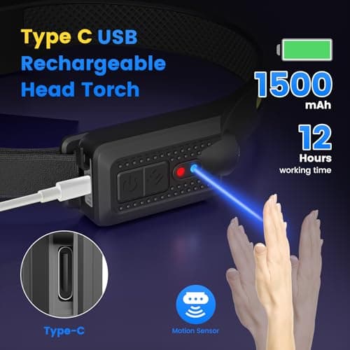 Head Torch Rechargeable,Headlamp with Red Light 2XPE and 260°Wide Beam — view 4