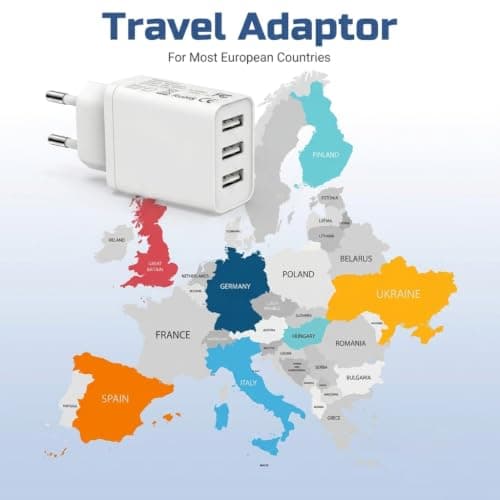 EU Travel Adapter Charger 2Pack, UK to European Plug Adapter Europe Travel Adapter EU with 3 USB A European Wall Adaptor for France Spain Portugal Germany Compatible with iPhone iPad Samsung — view 5