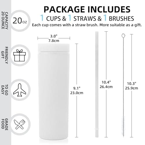 Volhoply 550ML Plastic Skinny Tumbler,Double Wall Tumblers with Lid and Straw,Reusable Iced Coffee Mug,BPA Free Matte Acrylic Water Cups with Straw for Parties,DIY Gifts(White,1 Set) — view 2