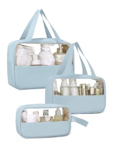 Laxee Clear Toiletry Bag 3 Pcs for Women Men, Large PVC Waterproof Wash Bag with Zip and Handle, TSA Approved Travel Toiletry Bags, Portable Cosmetic Bags Makeup Bag for Travel Business Holiday(Blue)
