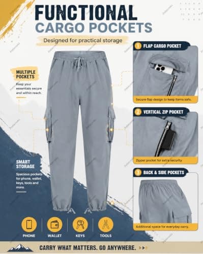 Men's Outdoor Cargo Trousers Zip Pockets Relaxed Fit for Walking Travel — view 3