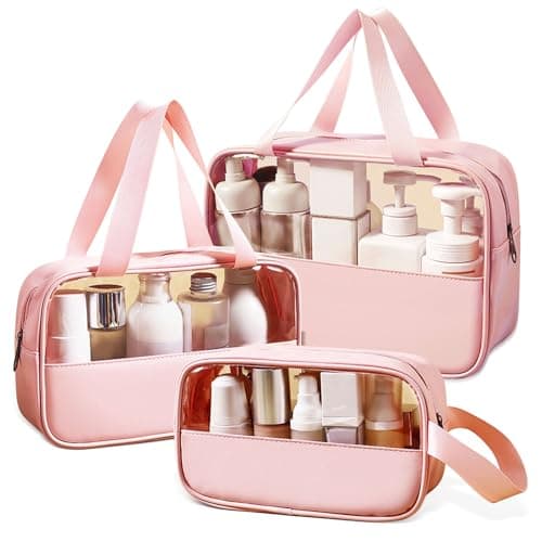 Clear Travel Toiletries Bag, 3Pcs Portable Travel Toiletry Bag(Pink)