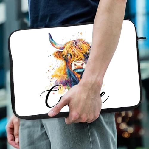 Personalised Colorful Highland Cow custom name gift for kids,Laptop Sleeve, Organiser, Laptop Case Office use. (14") — view 4