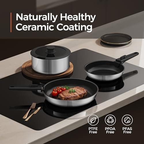 naturepan 5 PCS Ceramic Cookware Set, Stainless Steel Exterior Pots and Pans Set Non Stick, 10x More Durable Super Ceramic Coating, for Induction Hob Pan Set (Black) — view 5