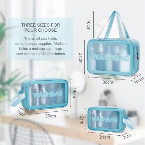 Aucuu 3PCS Clear Toiletry Bag, Wash Bag, Clear PU Makeup Bags, Waterproof Toiletry Travel Bags with Zipper Handle, Portable Airport Cosmetic B-ag for Travel Bathroom Men Women（Blue） — view 3