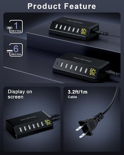 USB Charger 60W 7-Port USB Desktop Charger with LED Screen, Multi-Device Charging Station with Real-Time Power Monitoring for Phone,Fast Charging Hub for Home, Office, Travel — view 2